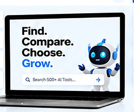 Laptop showing "Find. Compare. Choose. Grow." with an AI assistant character