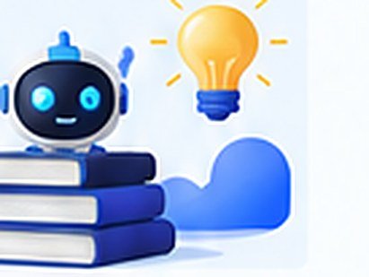 AI assistant character sitting on a stack of books next to a glowing lightbulb